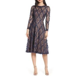 Tadashi Shoji Long Sleeve Lace Cocktail Navy Blue over nude size 14